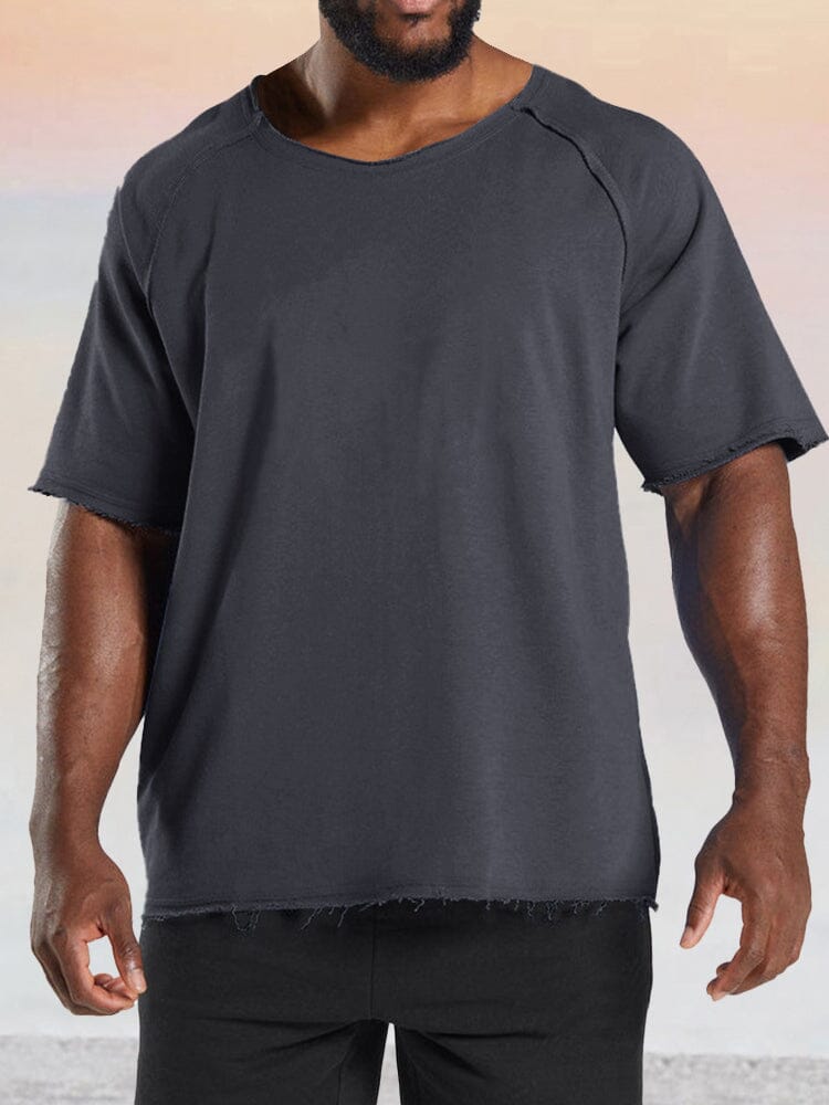 Casual Solid Raw Hem Cotton T-shirt T-shirt coofandy Dark Grey M 
