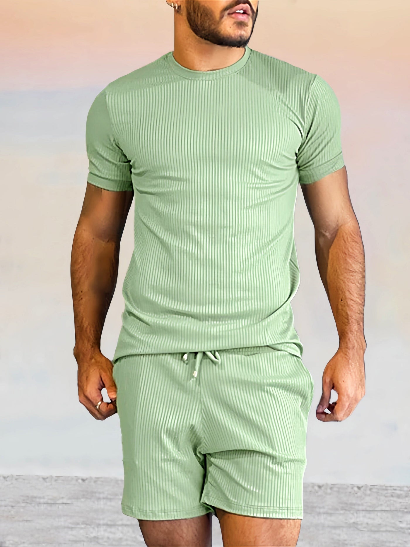 Casual Solid Color Short Sleeve Set Sets coofandystore Green M 