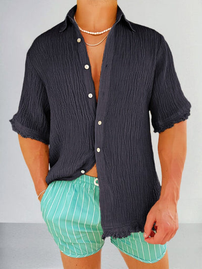 Cotton linen Button Short Sleeves Shirt Shirts coofandystore Black M 