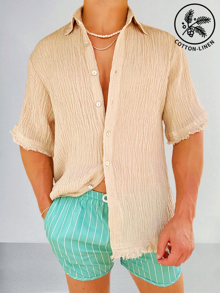 Cotton linen Button Short Sleeves Shirt Shirts coofandystore Khaki M 