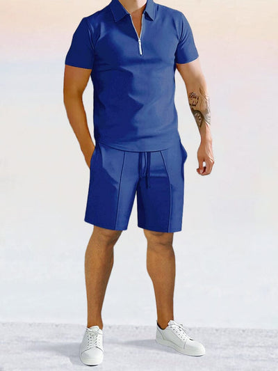 Casual Solid Color Polo Shirt Sets Sets coofandystore Blue S 