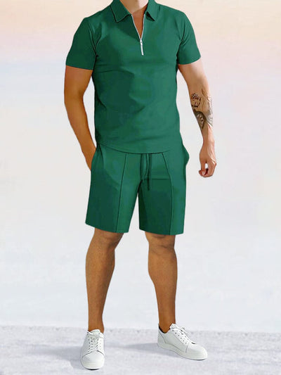 Casual Solid Color Polo Shirt Sets Sets coofandystore Green S 