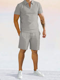 Casual Solid Color Polo Shirt Sets Sets coofandystore Light Grey S 