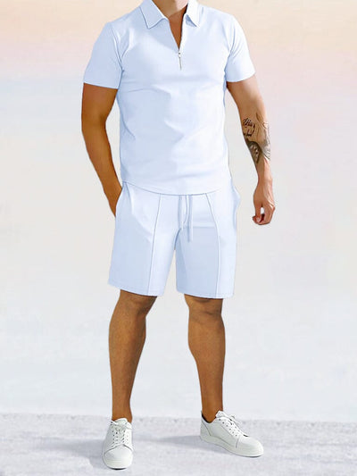 Casual Solid Color Polo Shirt Sets Sets coofandystore White S 
