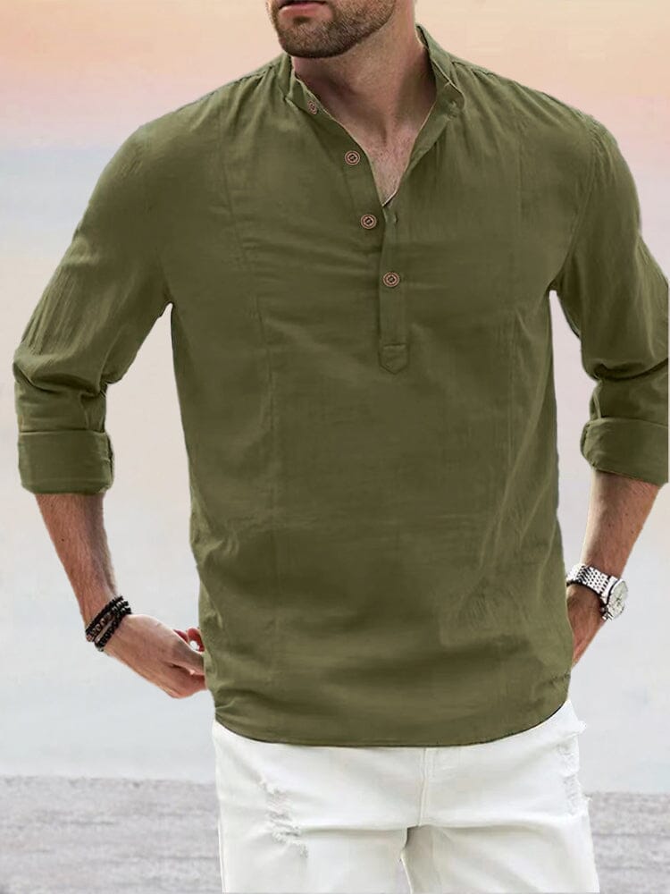 Premium Stand Collar Cotton Linen Shirt Shirts coofandy Army Green M 