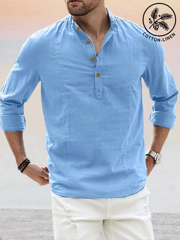 Premium Stand Collar Cotton Linen Shirt Shirts coofandy Clear Blue M 