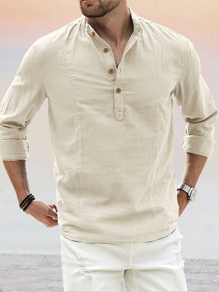 Premium Stand Collar Cotton Linen Shirt Shirts coofandy Beige M 