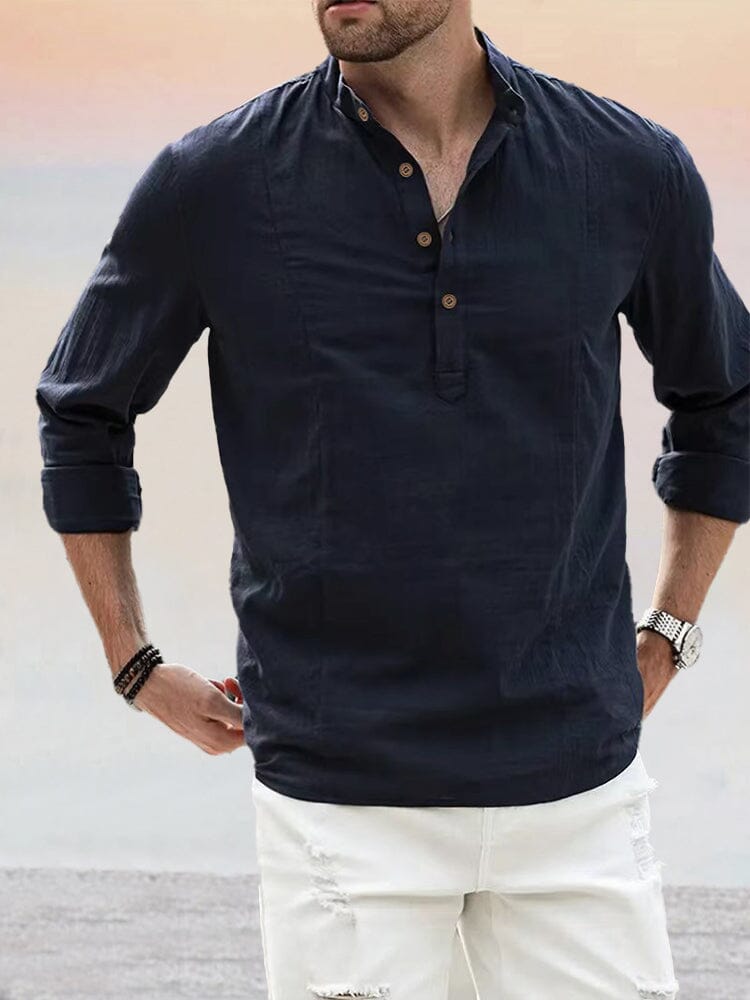 Premium Stand Collar Cotton Linen Shirt Shirts coofandy Navy Blue M 