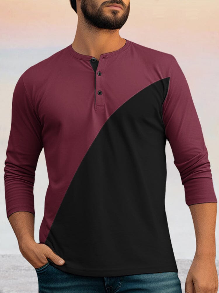 100% Cotton Two-tone Henley Shirt coofandystore Wine Red S 