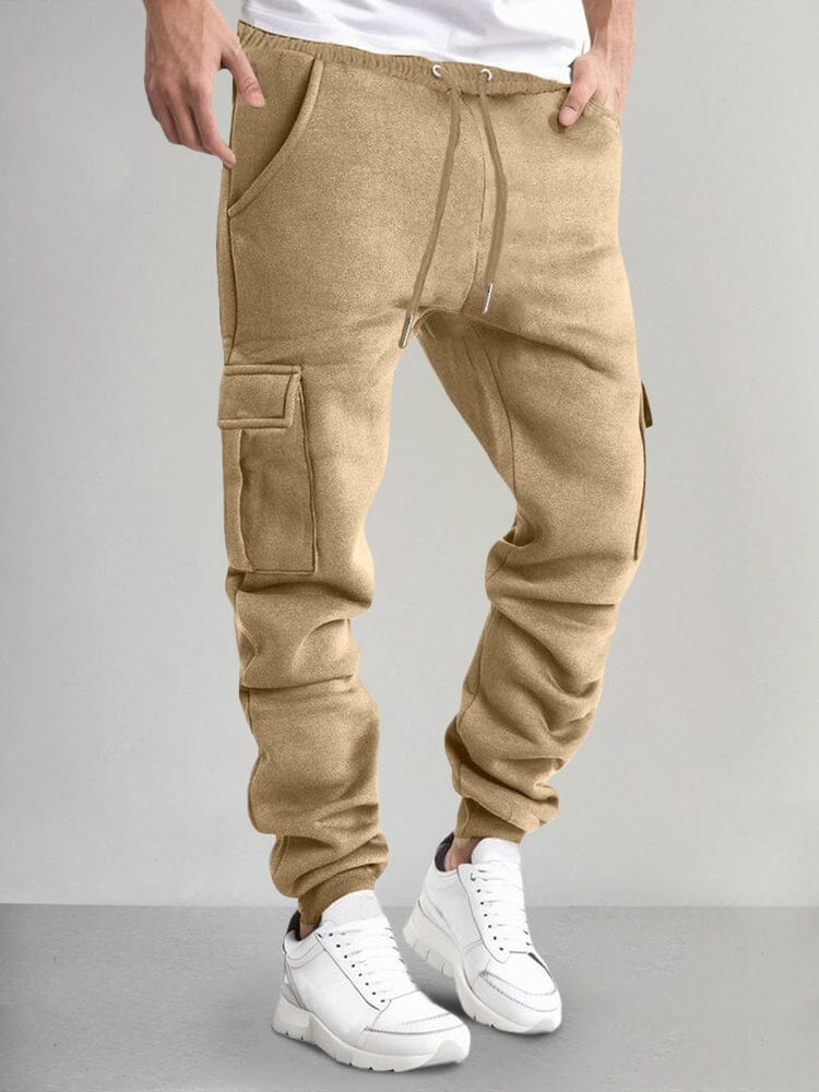 Casual Thermal Fleece Cargo Sweatpants Pants coofandy Khaki S 