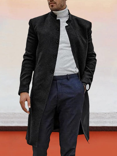 Casual Stand Collar Long Tweed Coat Coat coofandy Black S 