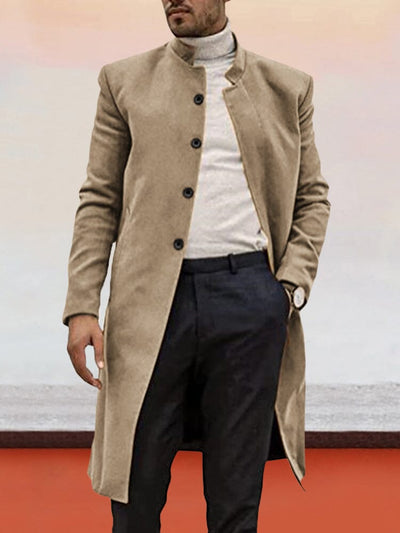 Casual Stand Collar Long Tweed Coat Coat coofandy Khaki S 