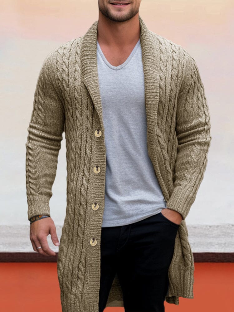 Casual Mid-Length Cable Knit Cardigan Cardigans coofandy Khaki M 
