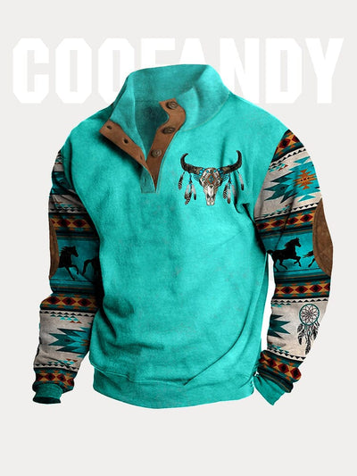 Retro Ethnic Style Printed Sweatshirt Hoodies coofandy Blue S 