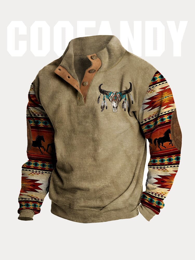 Retro Ethnic Style Printed Sweatshirt Hoodies coofandy Khaki S 