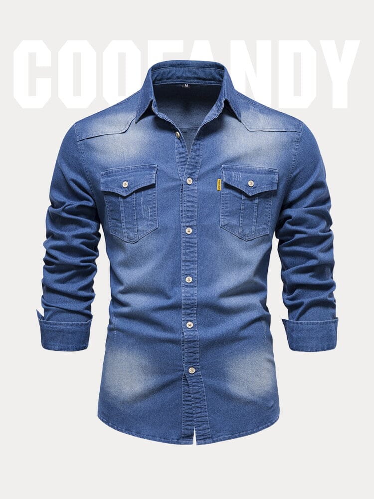 Vintage 100% Cotton Distressed Denim Shirt Shirts coofandystore Blue S 