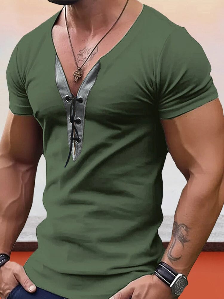 Casual V-neck Color Matching T-shirt T-Shirt coofandy Army Green S 
