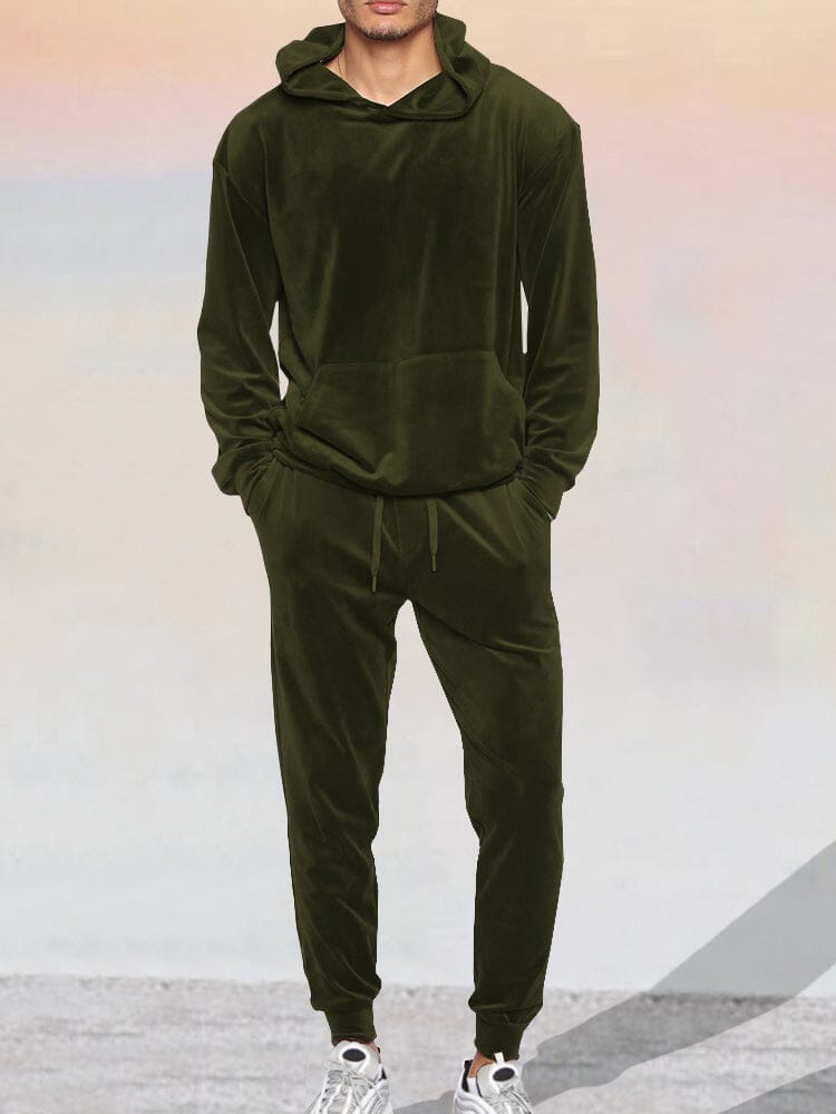 Soft Velour Pullover Hoodie Set Sets coofandy Army Green M 