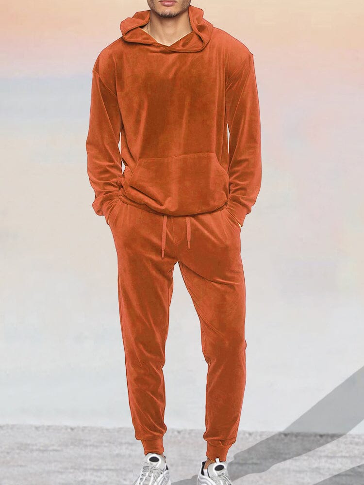 Soft Velour Pullover Hoodie Set Sets coofandy Orange M 