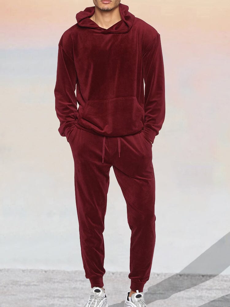 Soft Velour Pullover Hoodie Set Sets coofandy Wine Red M 