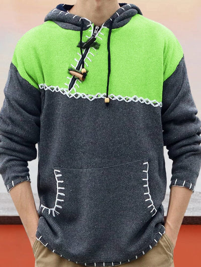 Stylish Color Block Knitted Hoodie Sweater coofandy Green M 