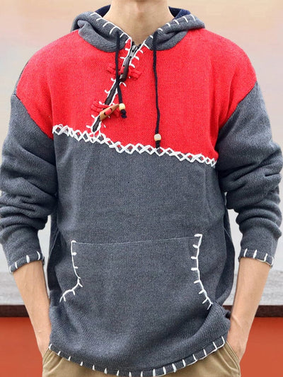 Stylish Color Block Knitted Hoodie Sweater coofandy Red M 