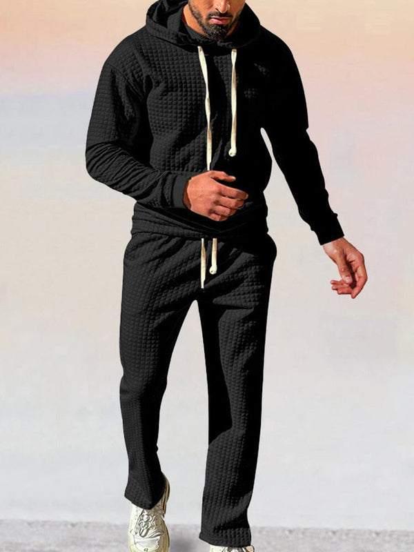 Stylish Athleisure Waffle Hoodie Set Sports Set coofandy Black M 