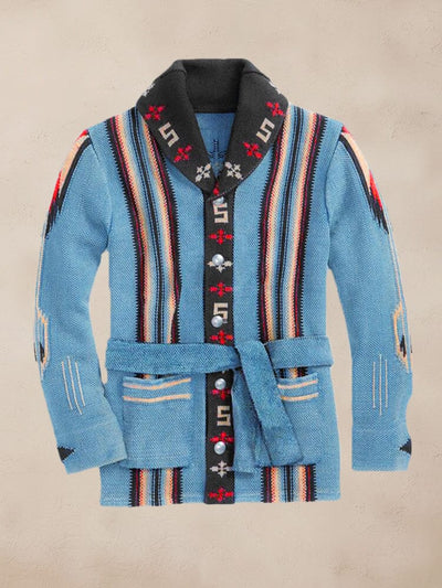 Stripe Jacquard Knit Cardigan with Belt Cardigans coofandy Blue M 