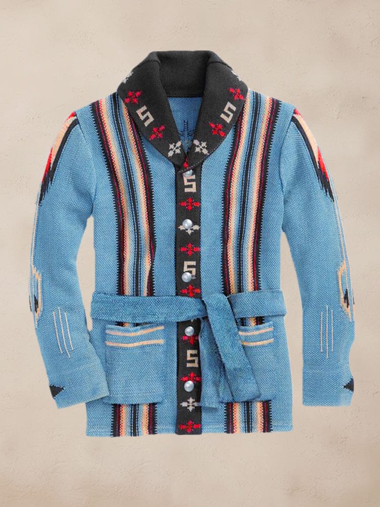 Vintage Jacquard Knit Cardigan with Belt Cardigans coofandy Blue M 