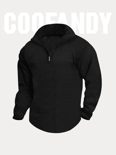 Textural Plaid Quarter Zip Sweatshirt Sweatshirts coofandystore Black S 