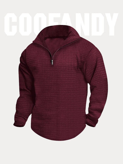 Textural Plaid Quarter Zip Sweatshirt Sweatshirts coofandystore Wine Red S 