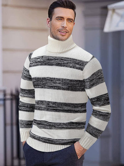 Stretchy Striped Turtleneck Sweater Sweater coofandy White M 