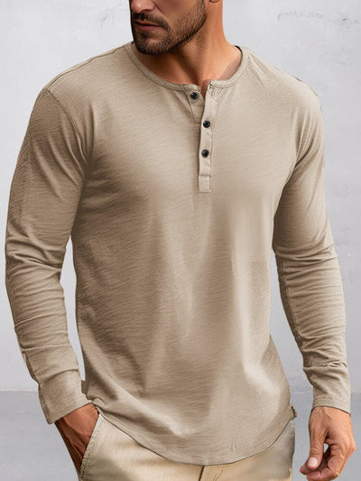 Simple 100% Cotton Henley Shirt T-Shirt coofandy Khaki S 