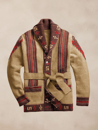 Vintage Jacquard Belted Sweater Coat Sweater coofandy Khaki M 