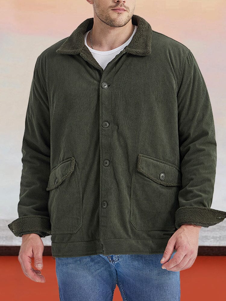 Vintage Corduroy Fleece Lined Jacket Jackets coofandy Army Green S 