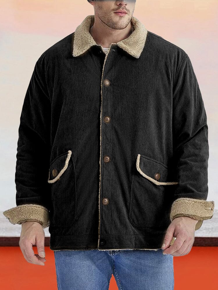 Vintage Corduroy Fleece Lined Jacket Jackets coofandy Black S 