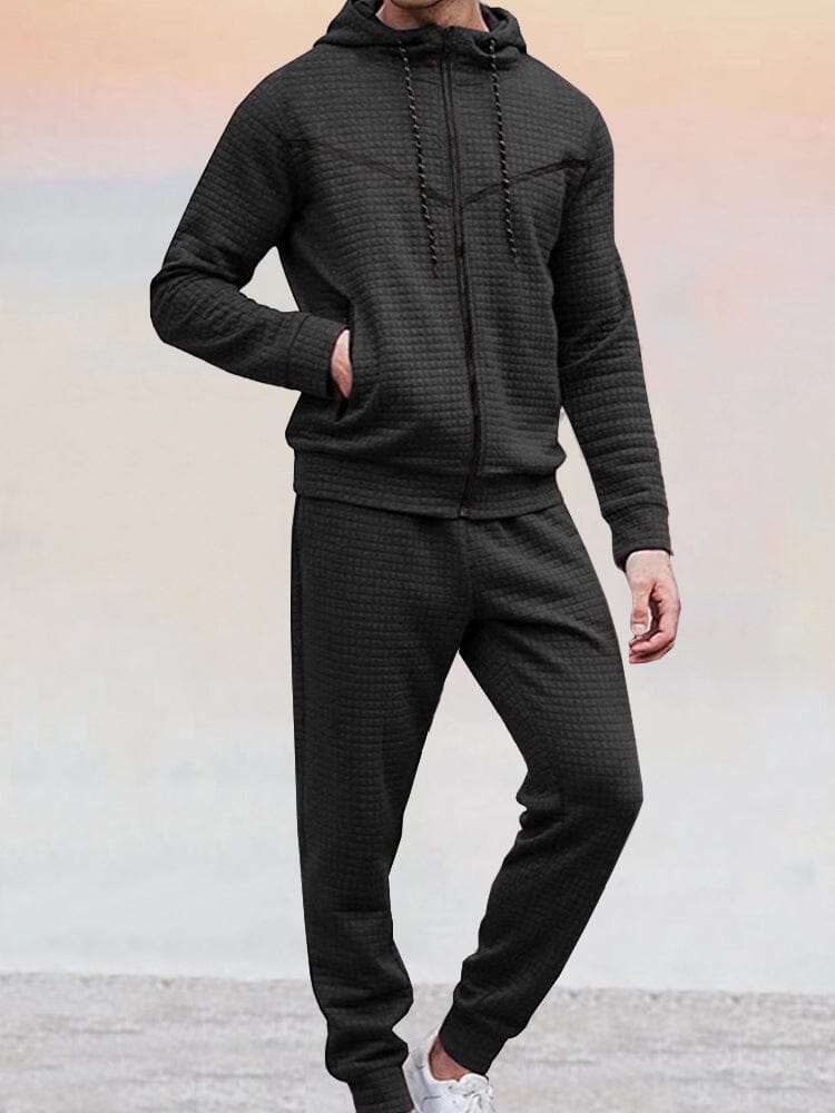 Casual 2-Piece Waffle Tracksuit Outfits Sports Set coofandy Black S 