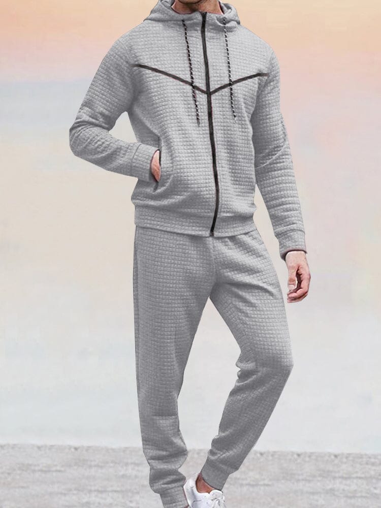 Casual 2-Piece Waffle Tracksuit Outfits Sports Set coofandy Light Grey S 
