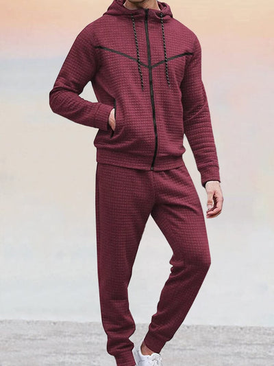 Casual 2-Piece Waffle Tracksuit Outfits Sports Set coofandy Wine Red S 