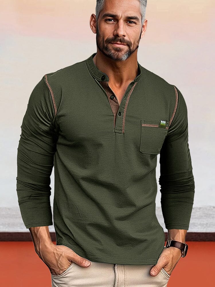 Color Block Stretchy Henley Shirt Shirts coofandystore Army Green S 
