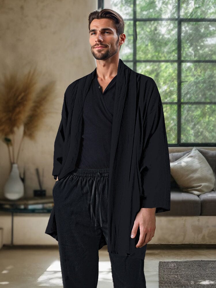 Cozy Cotton Linen Kimono Cardigan Cardigans coofandy Black XS 