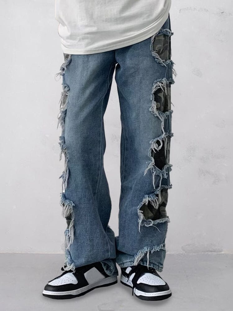 Stylish Camo Patch Ripped Jeans Pants coofandy Blue S 