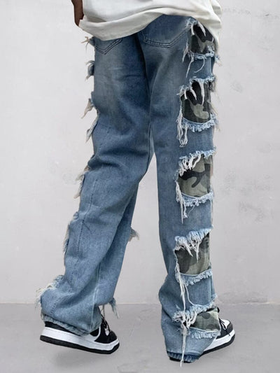 Stylish Camo Patch Ripped Jeans Pants coofandy 