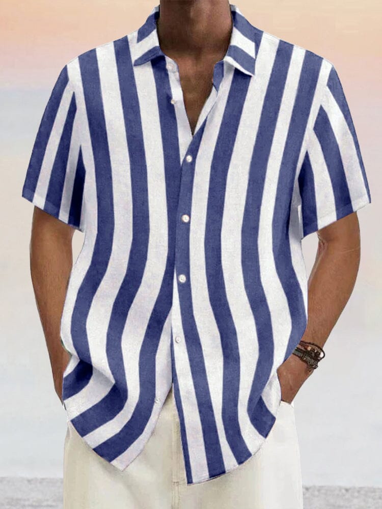 Classic Casual Cotton Linen Stripe Shirt Shirts coofandystore Navy Blue S 