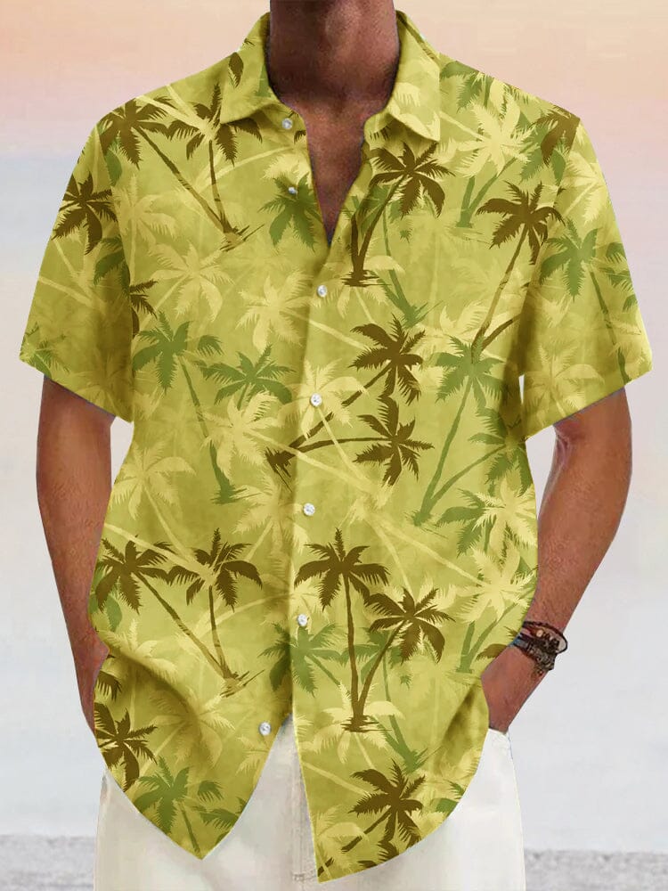 Hawaiian Coconut Tree Graphic Cotton Linen Shirt Shirts coofandystore Yellow S 