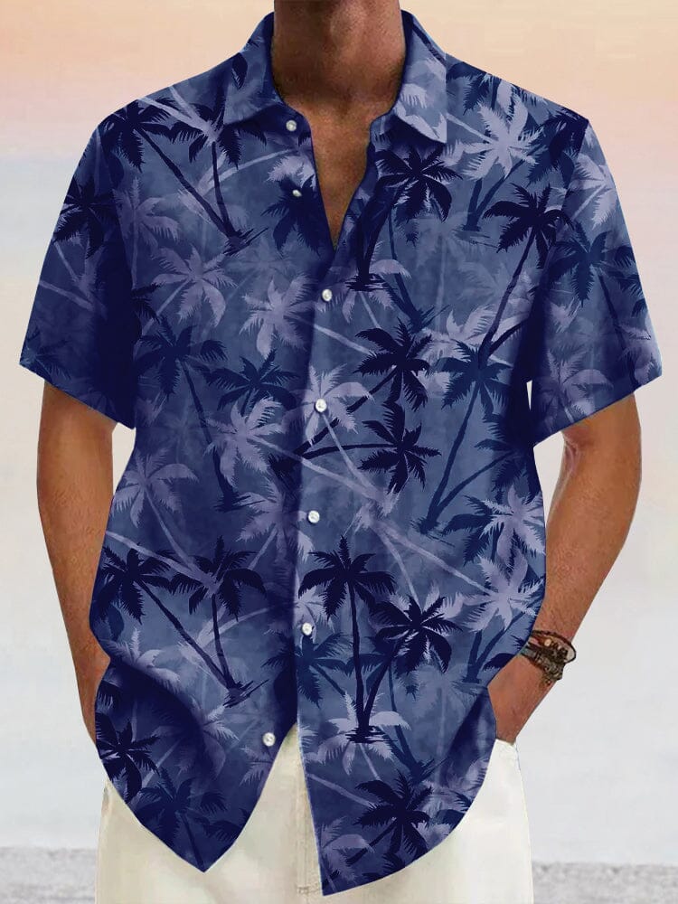 Hawaiian Coconut Tree Graphic Cotton Linen Shirt Shirts coofandystore Navy Blue S 