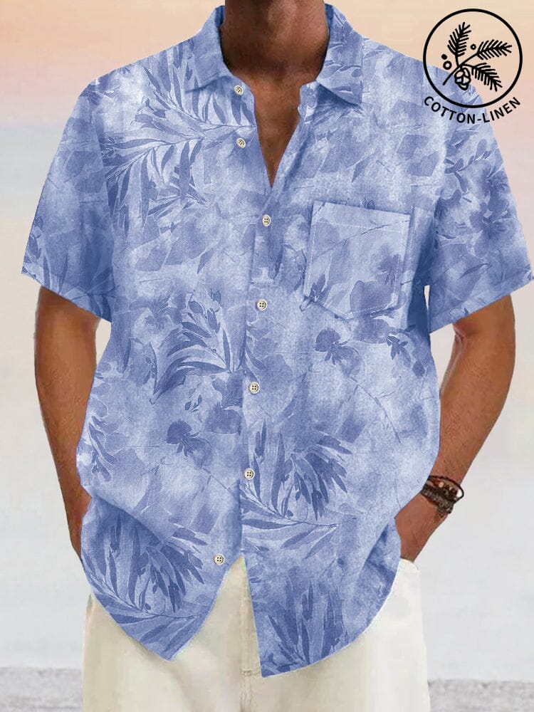 Hawaiian Flower Printed Cotton Linen Shirt Shirts coofandystore Blue S 
