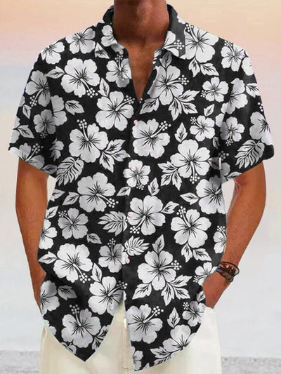 Hawaiian Flower Printed Cotton Linen Holiday Shirt Shirts coofandystore Black S 