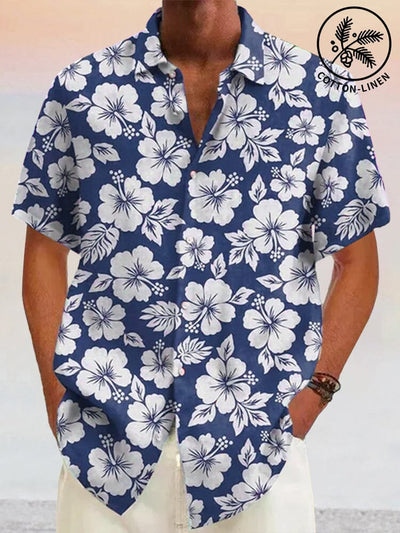Hawaiian Flower Printed Cotton Linen Holiday Shirt Shirts coofandystore Blue S 