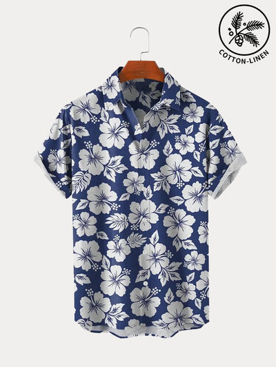 Hawaiian Flower Printed Cotton Linen Holiday Shirt Shirts coofandystore 